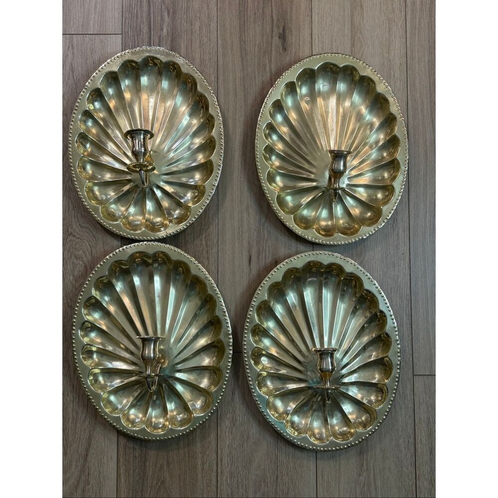 Vintage  Brass Shell Shaped Wall Sconce Mid Century Candle Holder Set of 4